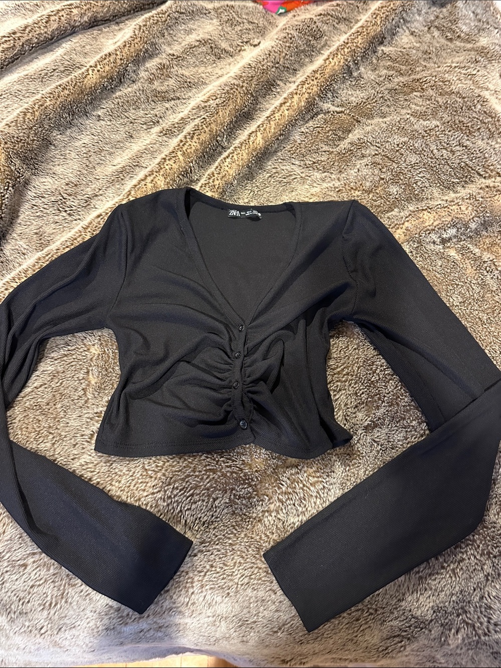 Zara Black Ruched Button-Front Crop Top